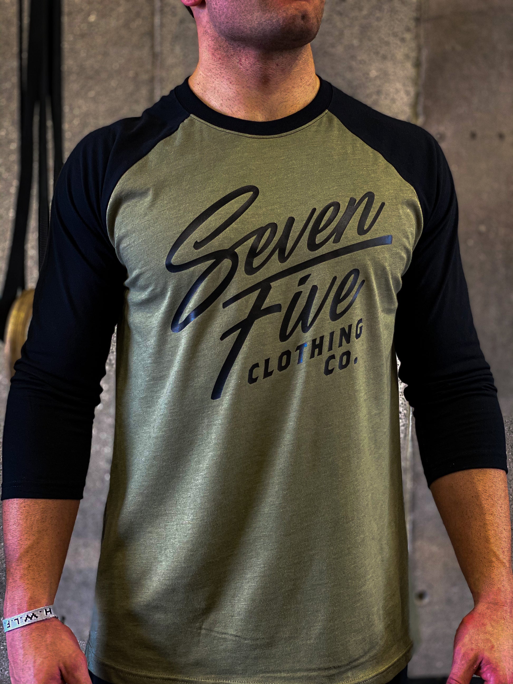 Seven Five Script Baseball tee - Mil Green/Black - 7Five Clothing Co.